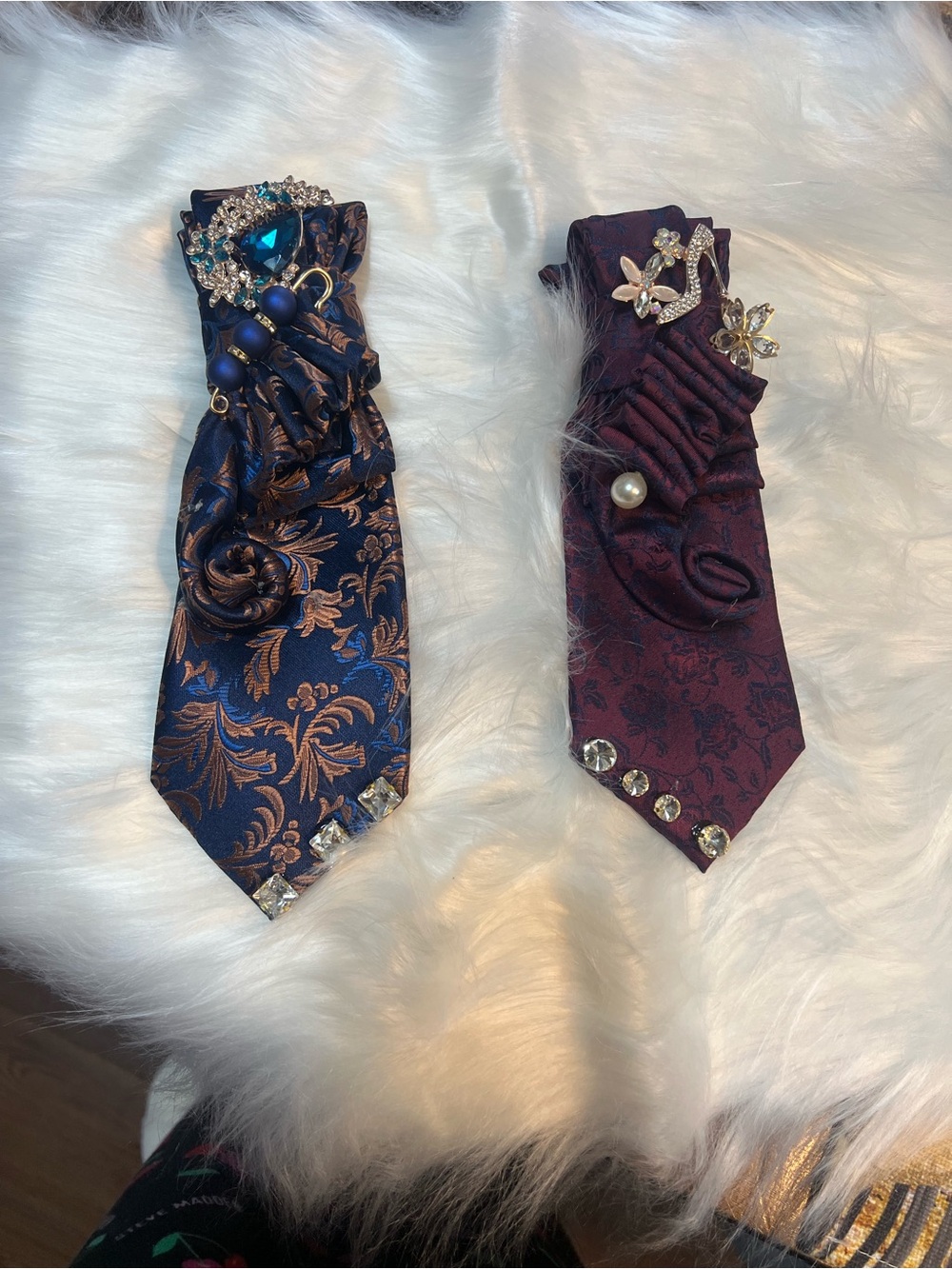 Embellished Floral Satin Tie - Blue and Burgundy